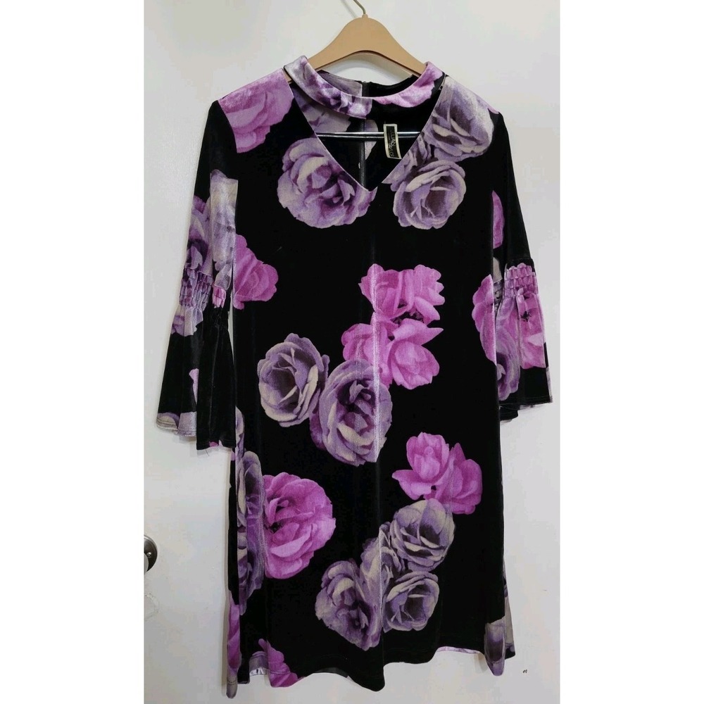 Velvet Dress Black Purple  Floral Bell,3/4 Sleeve Sheath V-Cut Out Neck Size 10